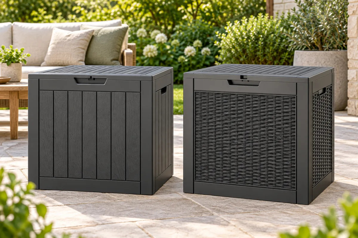 Wood-grain and rattan-look resin deck boxes side by side on a garden patio