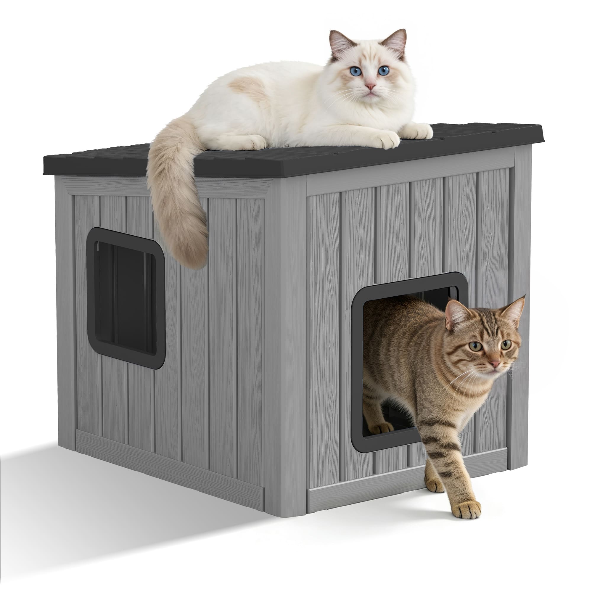 Cat House with Dual Doors Gray with Black/Blue Top