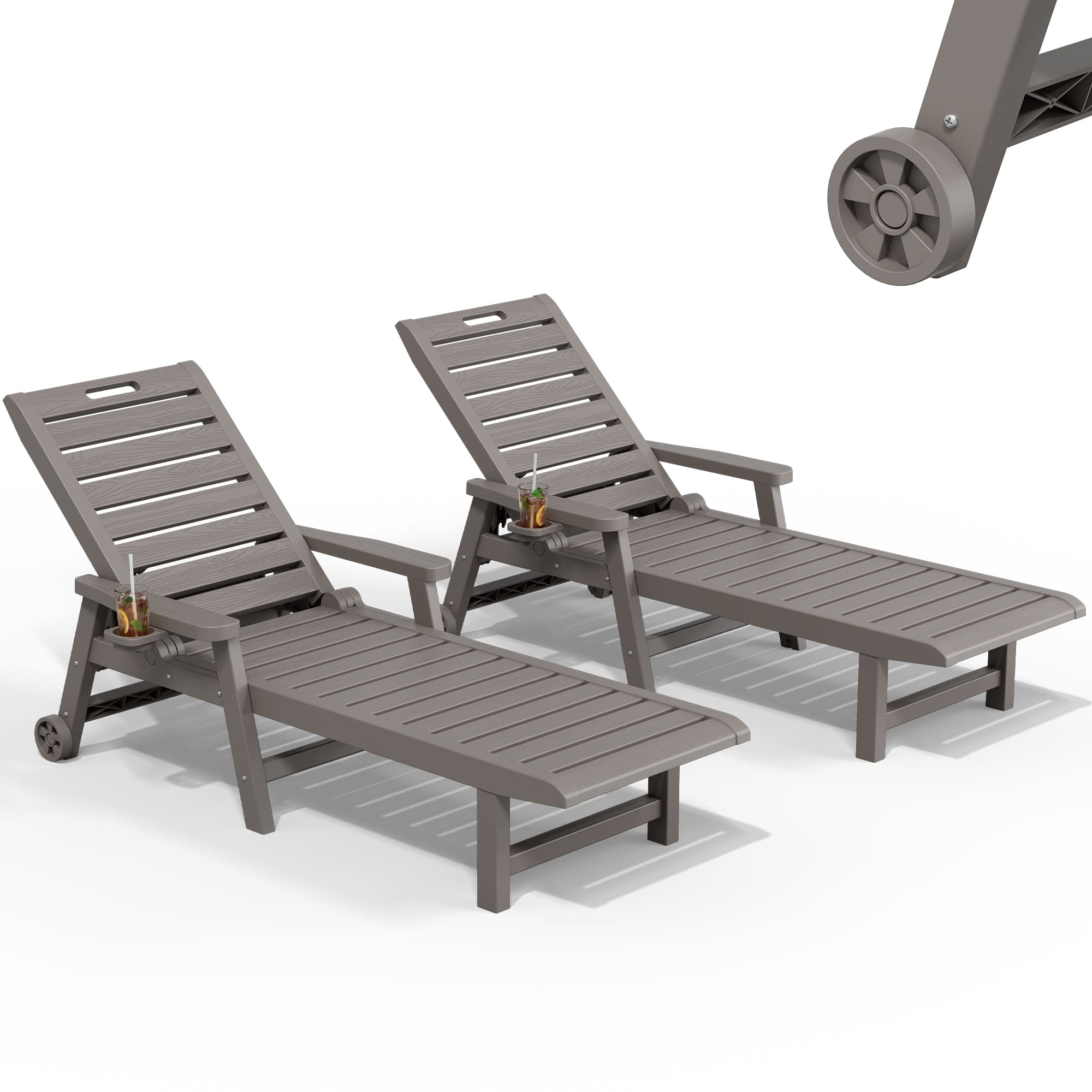 2-Pack Wheeled Resin Reclining Chaise Lounge Chairs