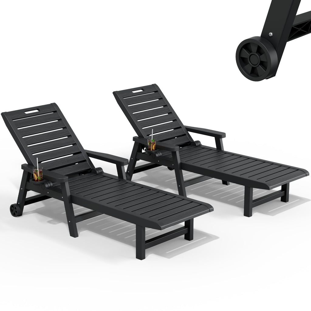 2-Pack Wheeled Resin Reclining Chaise Lounge Chairs