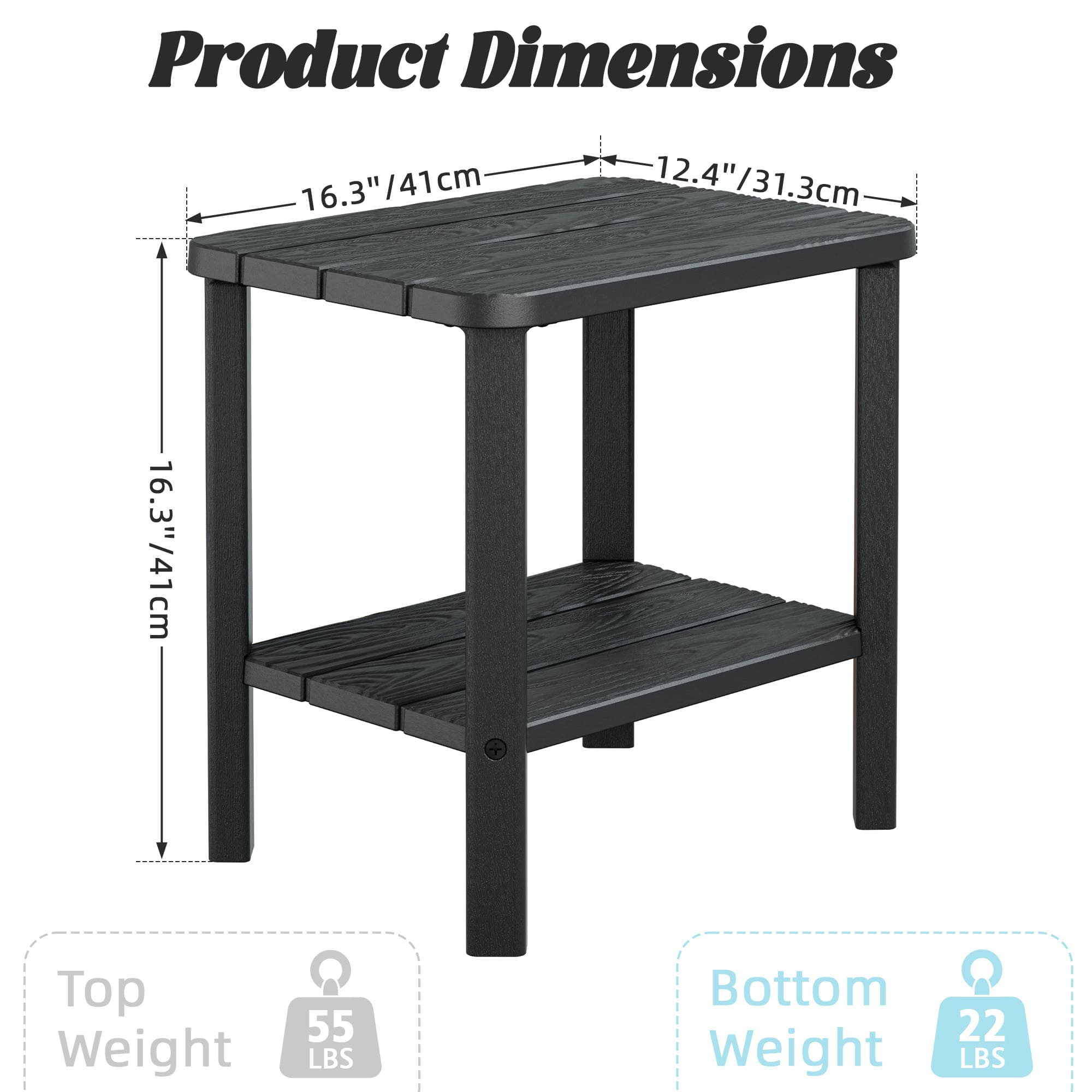 Square Adirondack Outdoor Side Table, Weatherproof & Low Maintenance HDPE End Table for Patio, Poolside, Backyard & Porch, Black