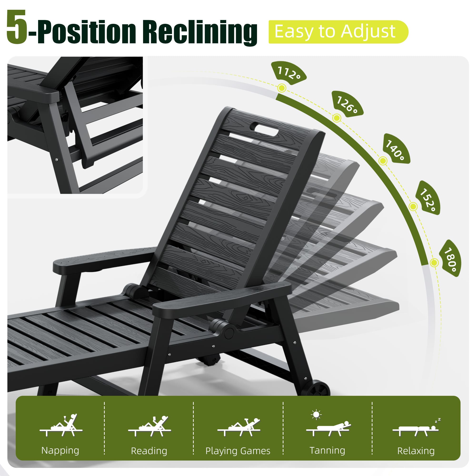2-Pack Wheeled Resin Reclining Chaise Lounge Chairs