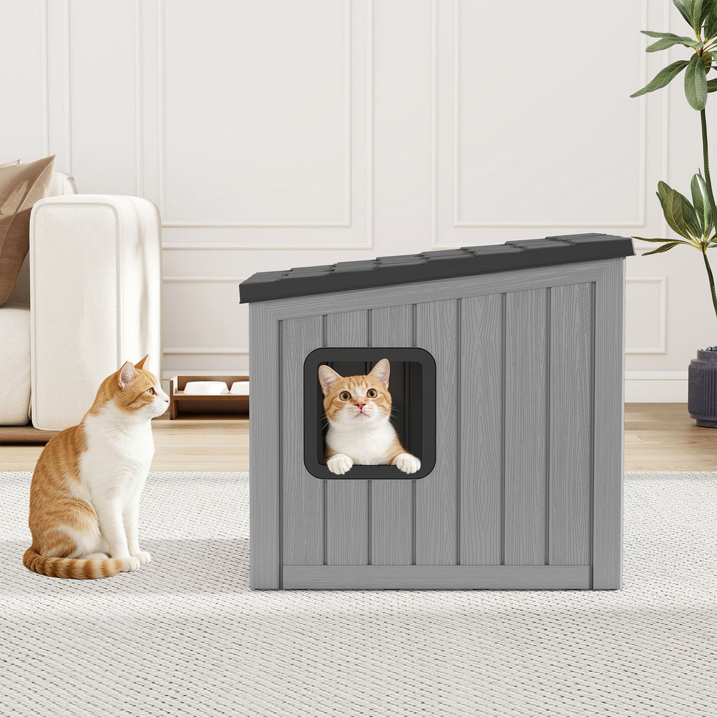 Cat House with Dual Doors Gray with Black/Blue Top