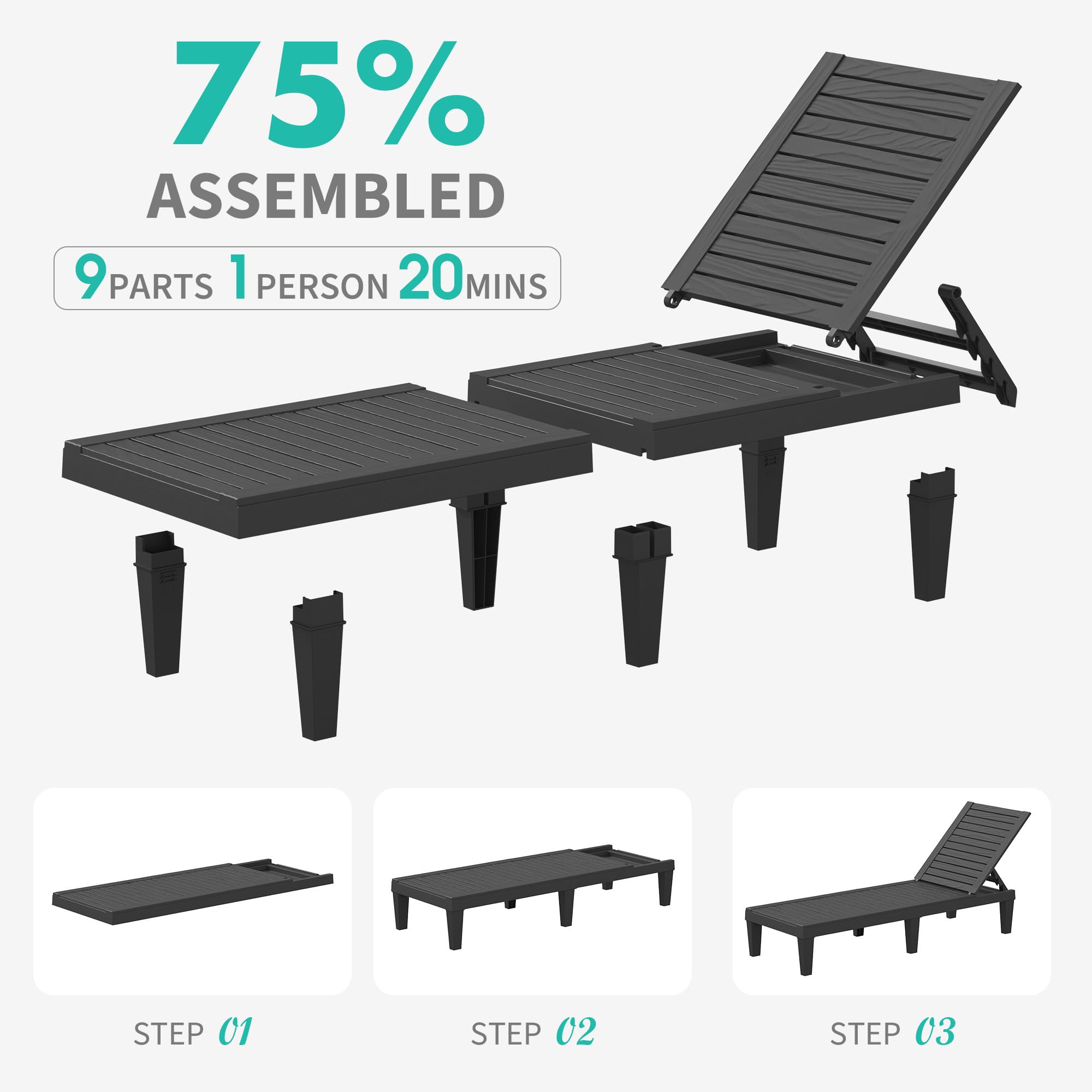 2-Pack Outdoor Chaise Lounge Chair