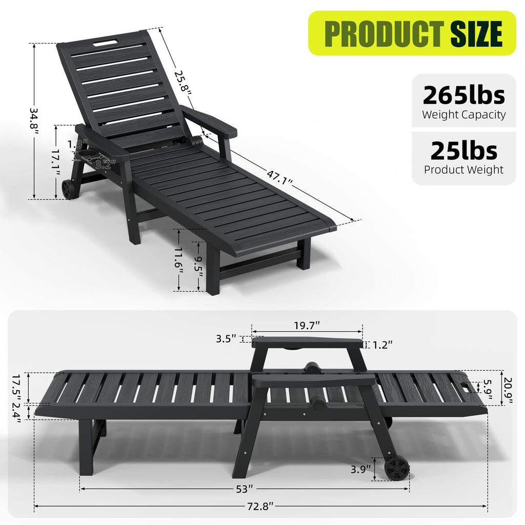 2-Pack Wheeled Resin Reclining Chaise Lounge Chairs