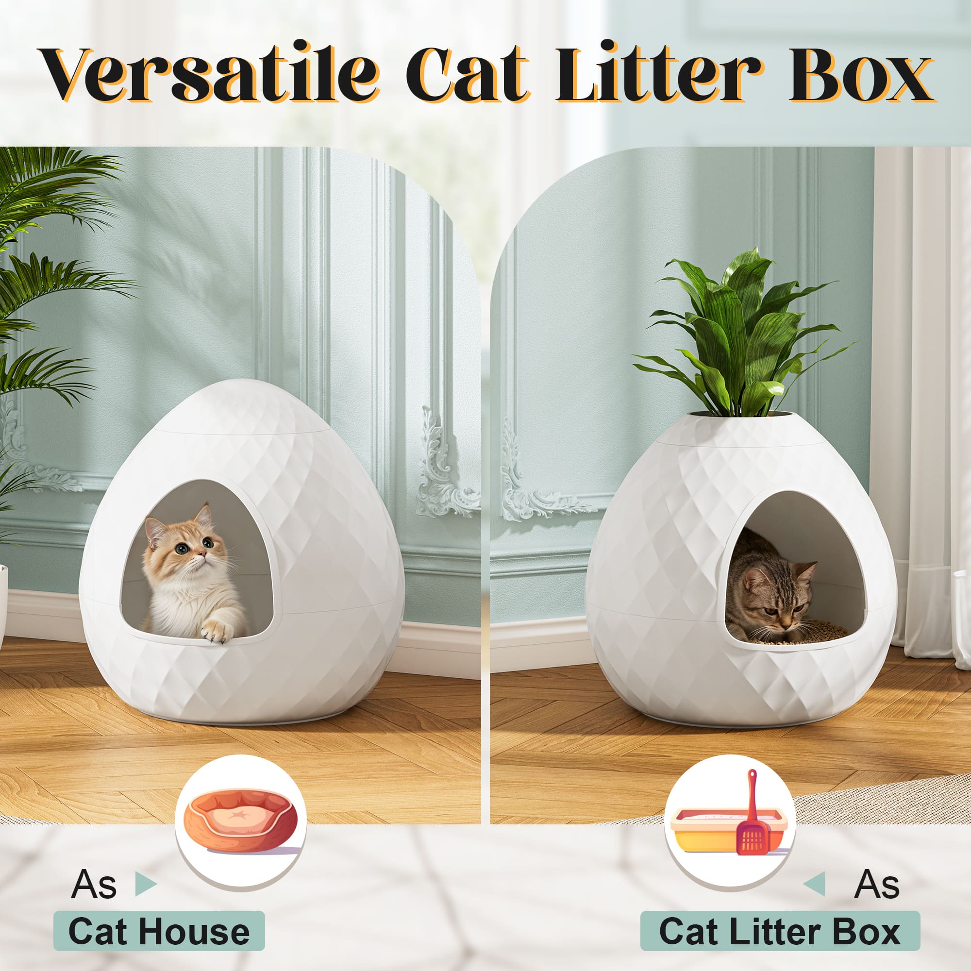 White Egg Shaped Cat Litter Box with Two Replaceable Lids