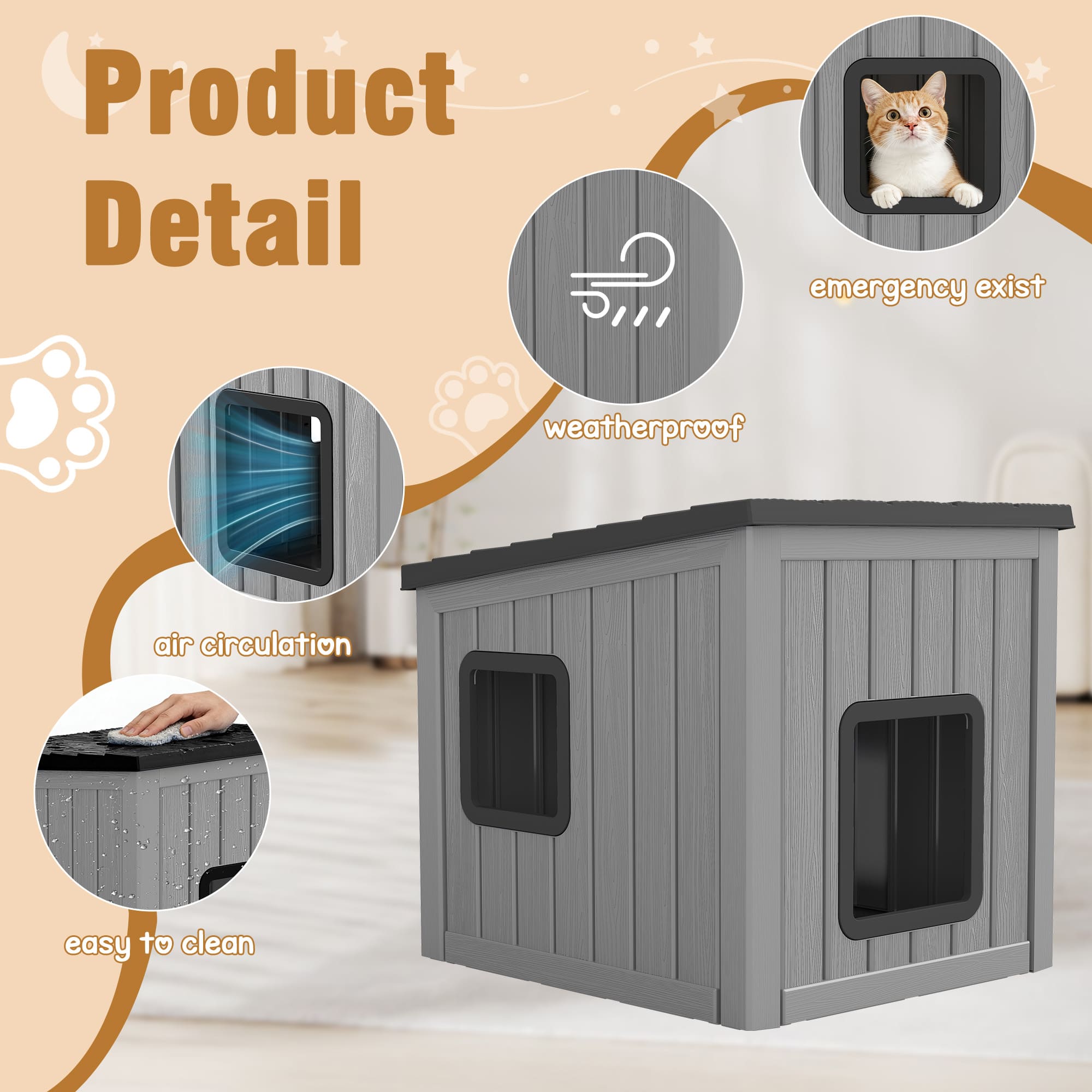 Cat House with Dual Doors Gray with Black/Blue Top