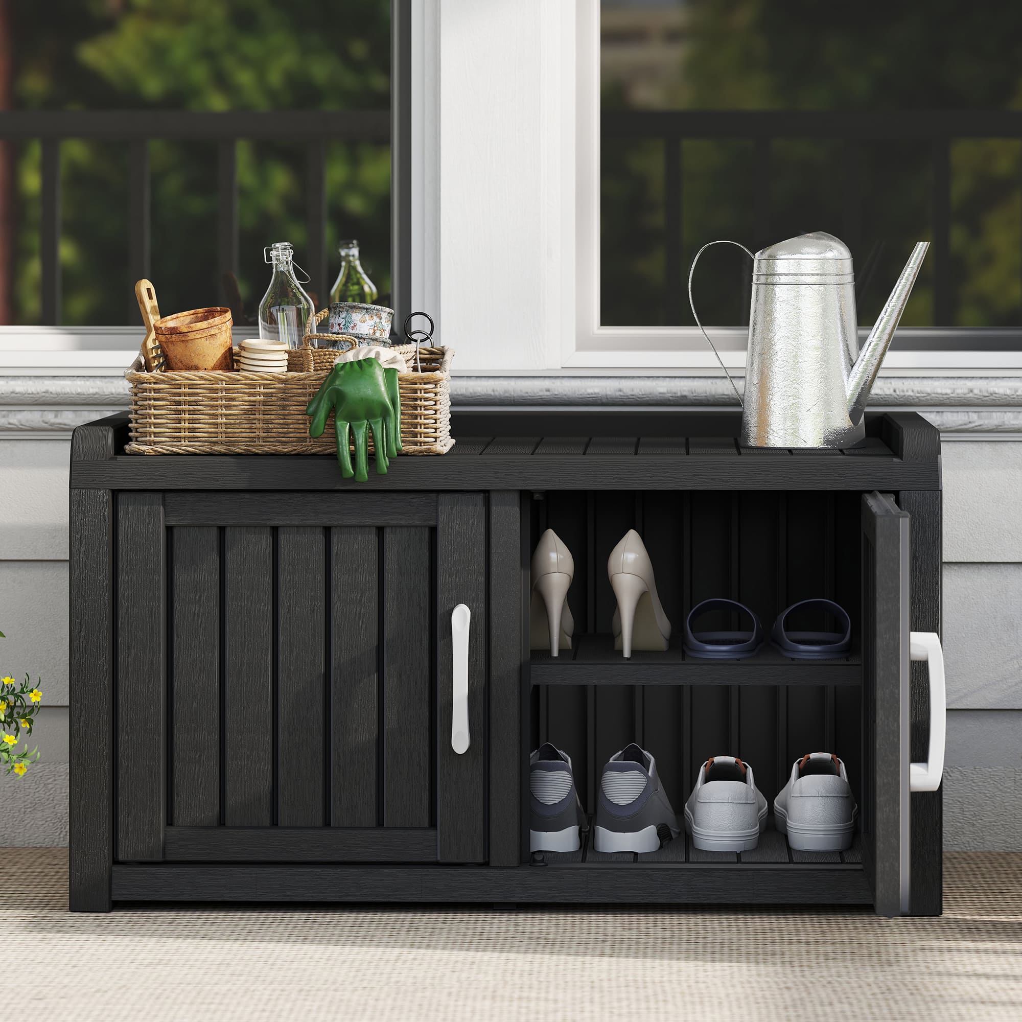 50/65 Gallon Shoe Storage Bench with 2/3 Doors Black/Grey