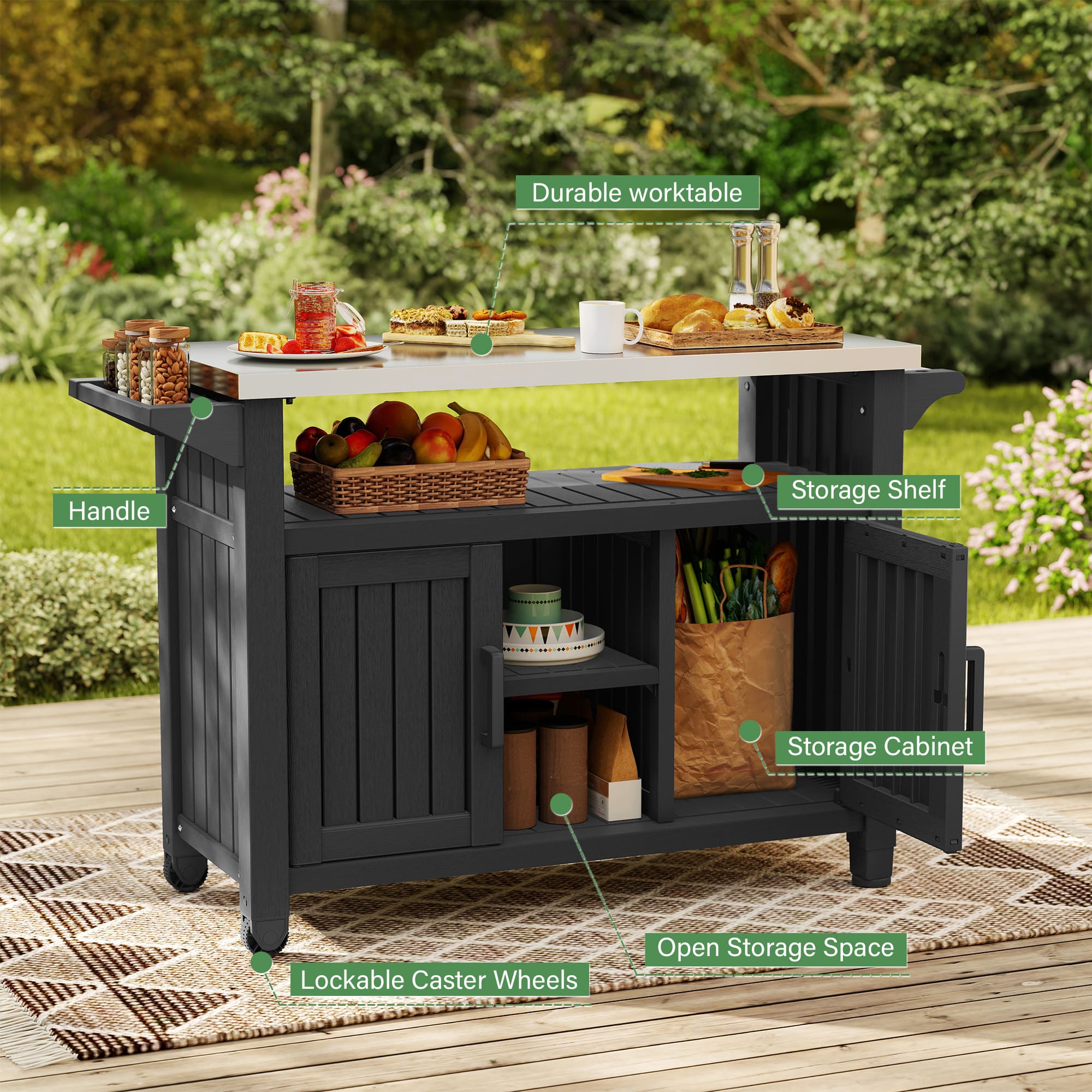 All-in-One Black Resin Outdoor Grill Prep Cart