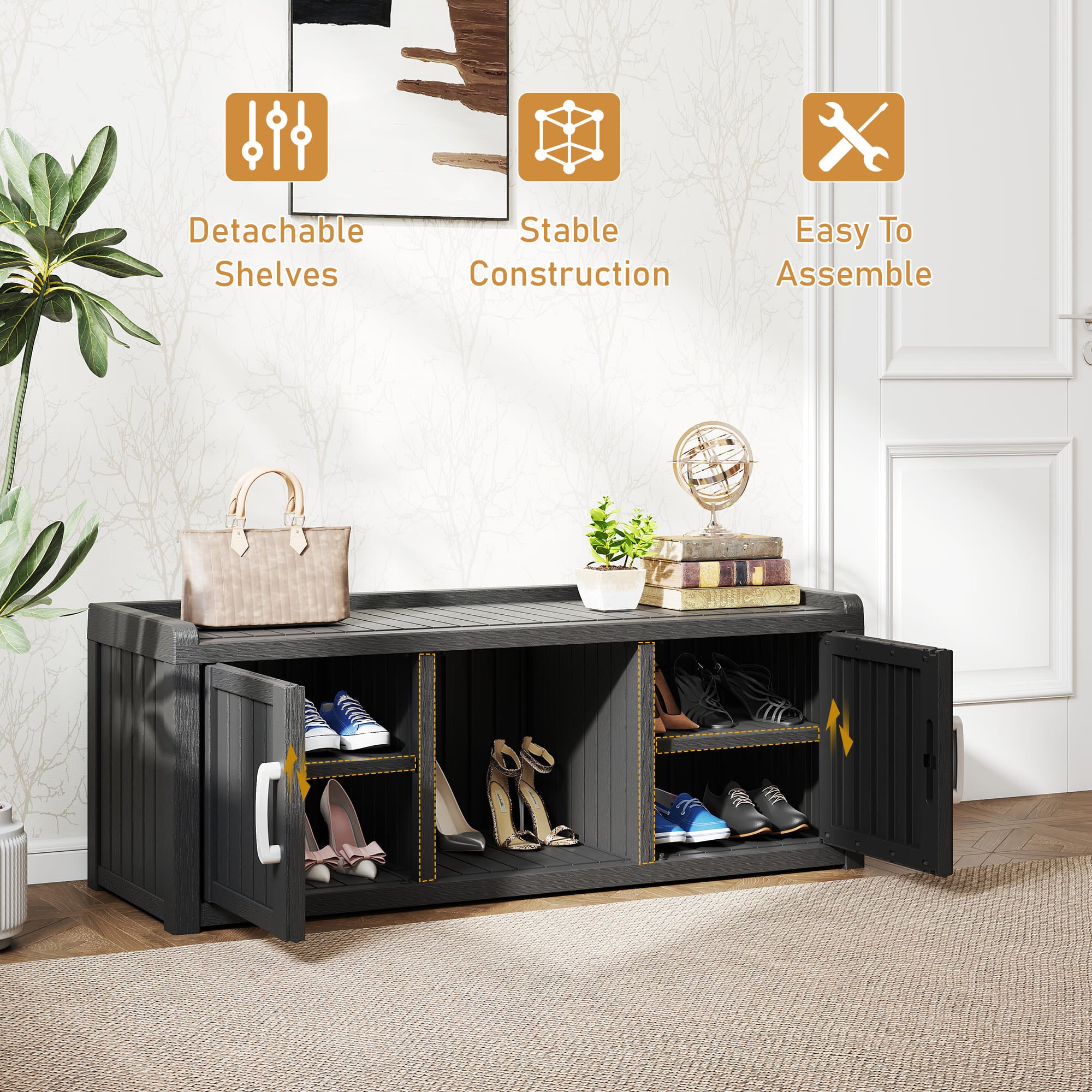 50/65 Gallon Shoe Storage Bench with 2/3 Doors Black/Grey