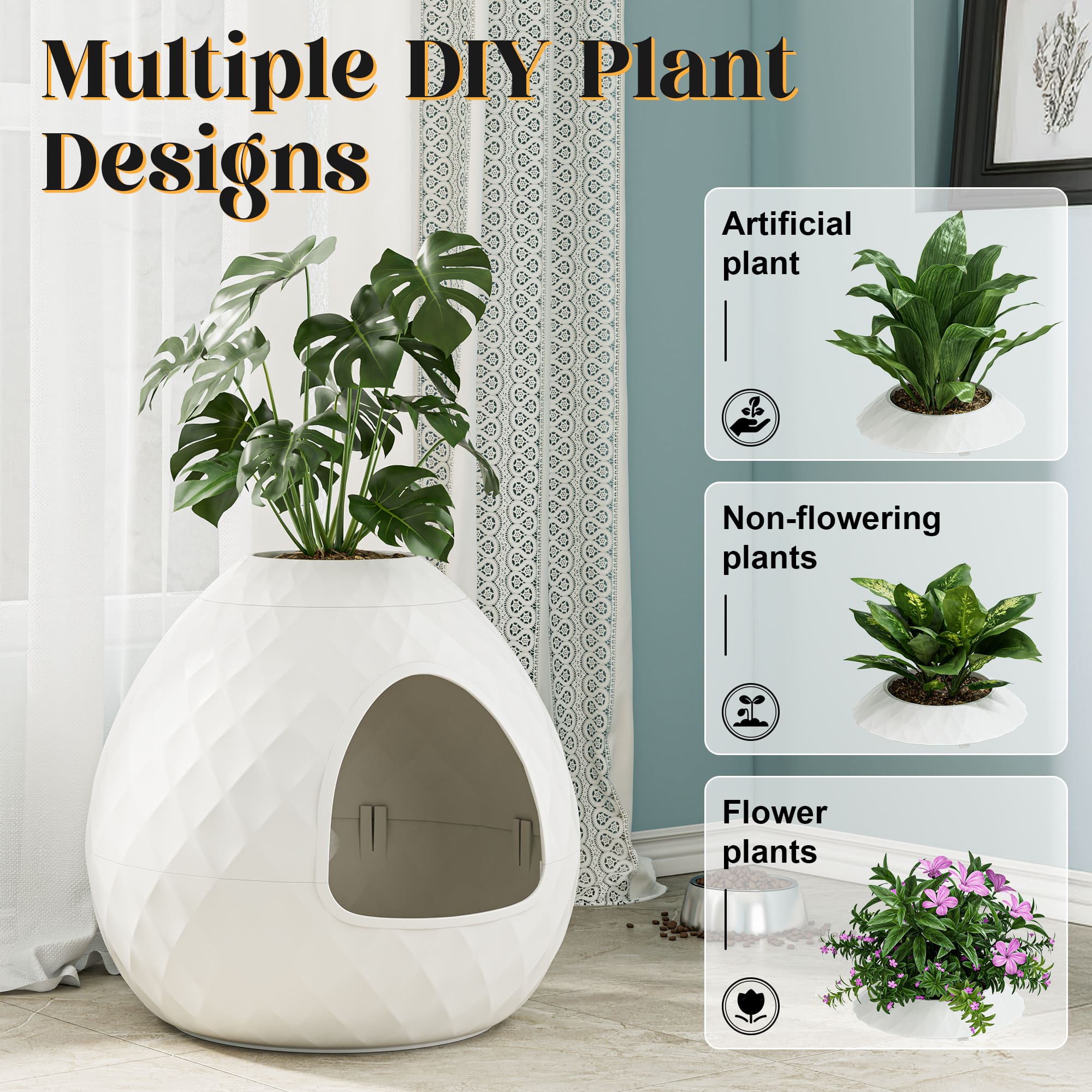 White Egg Shaped Cat Litter Box with Two Replaceable Lids
