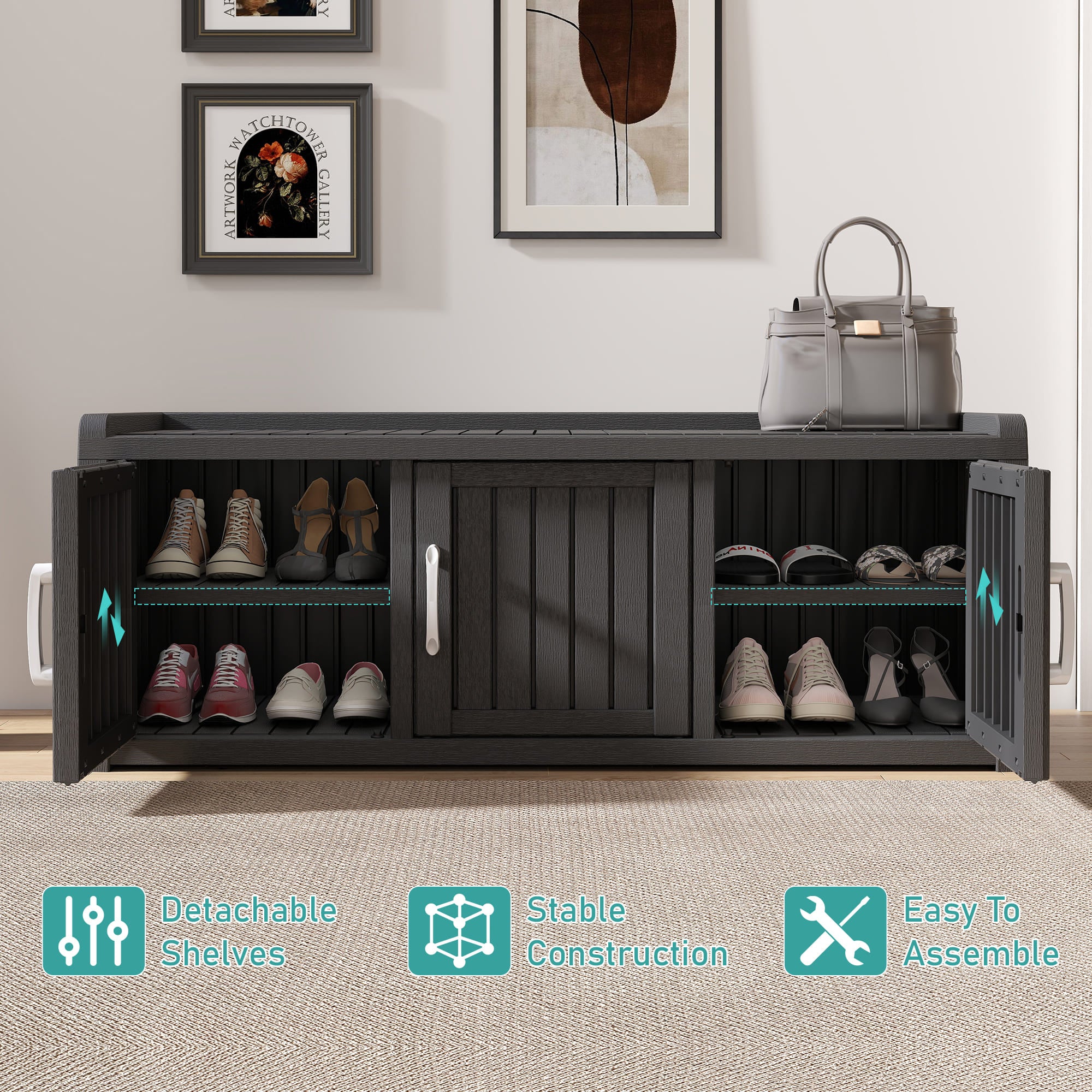 50/65 Gallon Shoe Storage Bench with 2/3 Doors Black/Grey