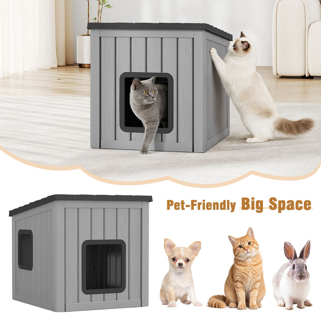 Cat House with Dual Doors Gray with Black/Blue Top