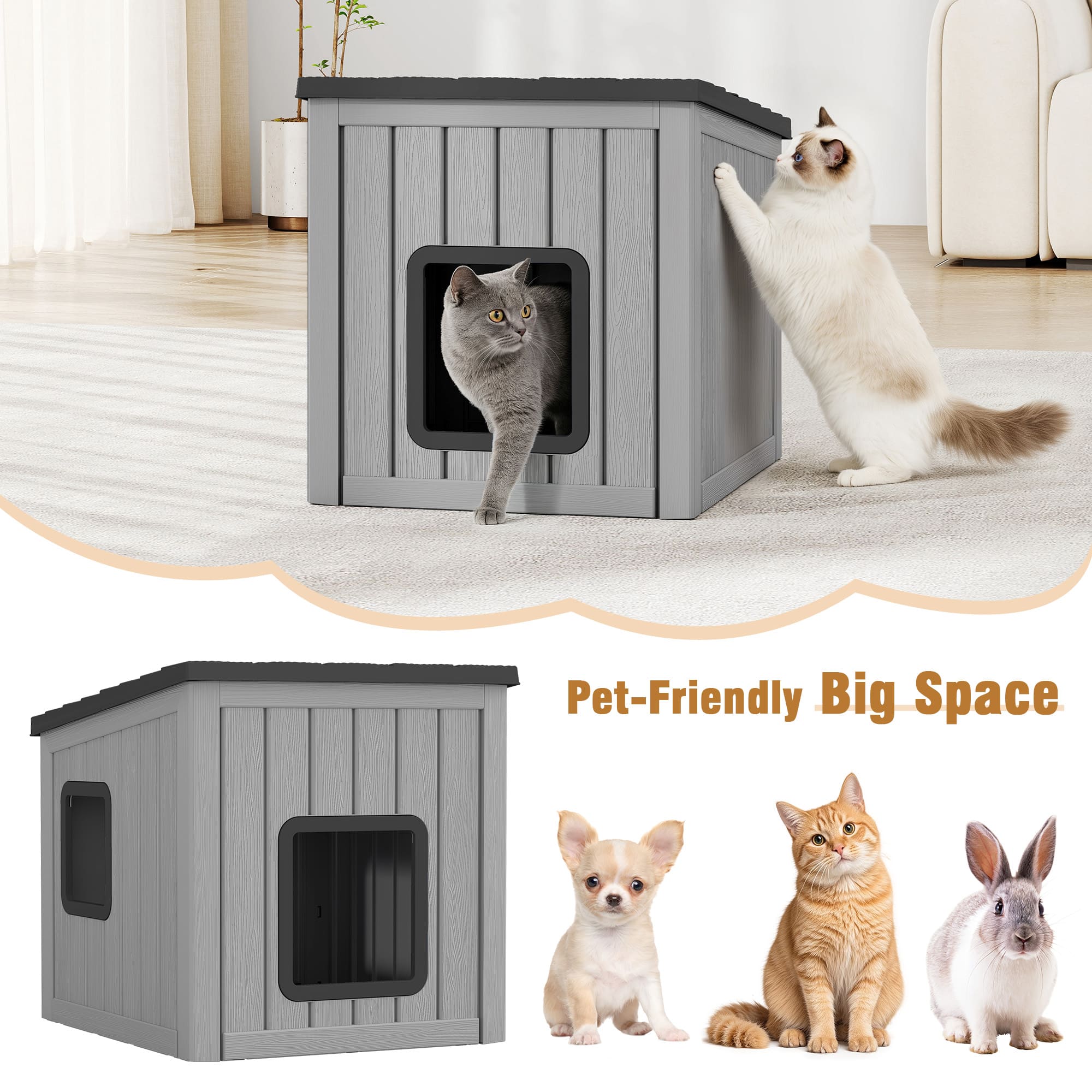 Cat House with Dual Doors Gray with Black/Blue Top