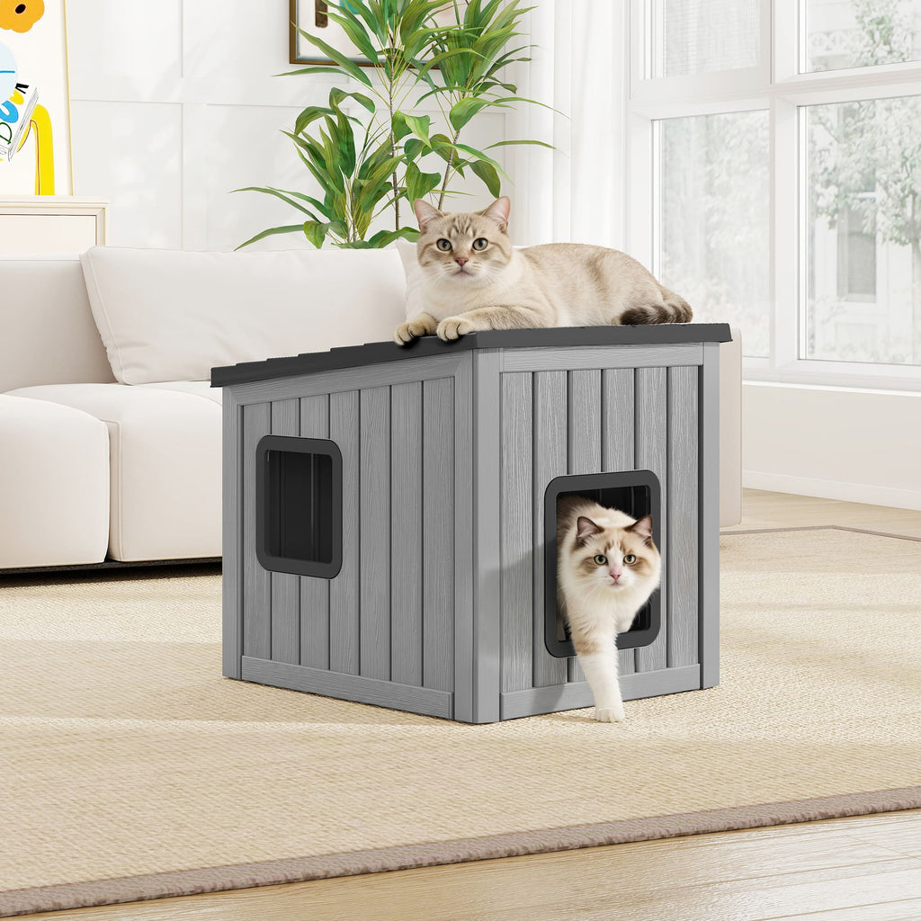 Cat House with Dual Doors Gray with Black/Blue Top