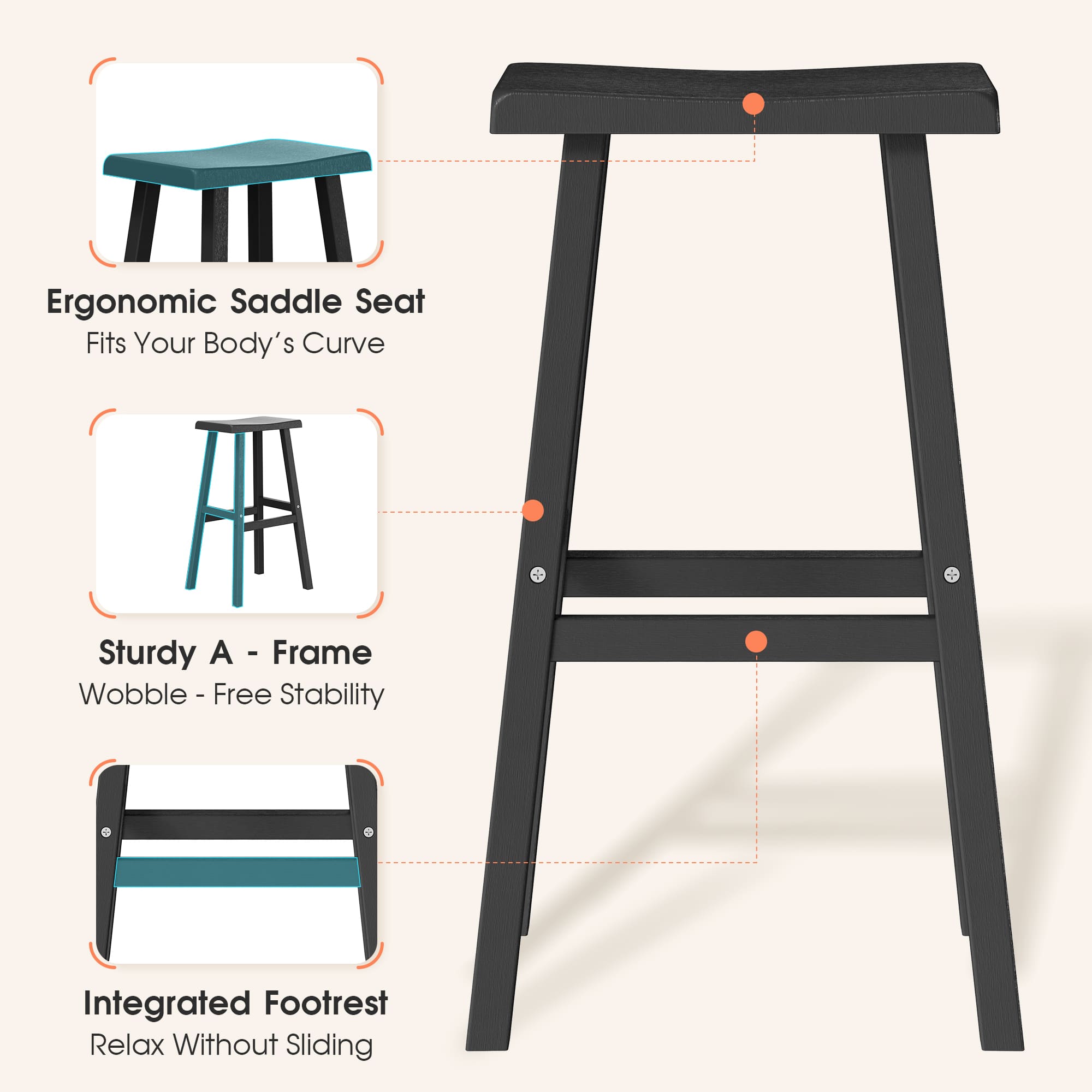 Black Bar Stools Set of 2, 24" or 29"