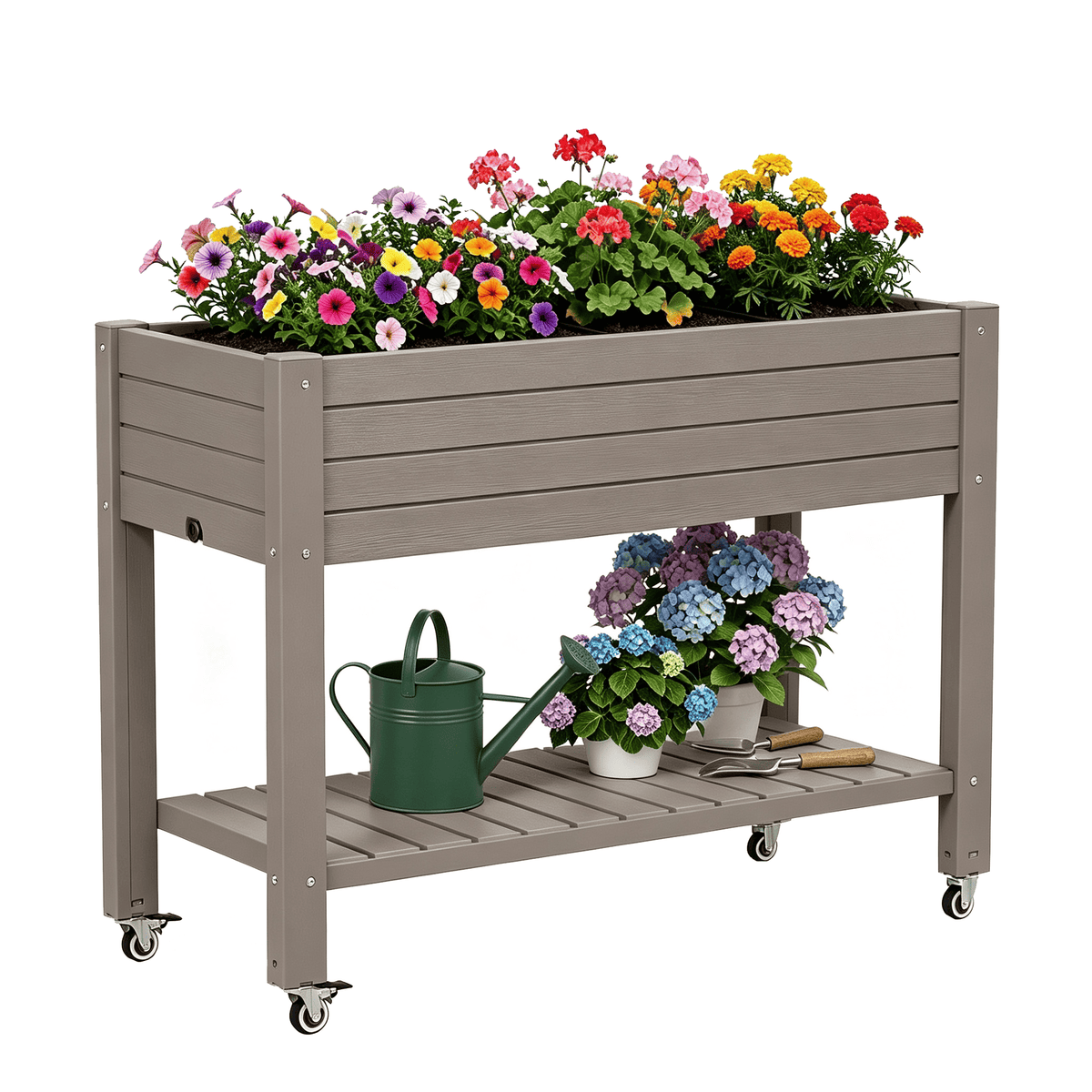 Raised Garden Bed with Wheels & Storage Shelf