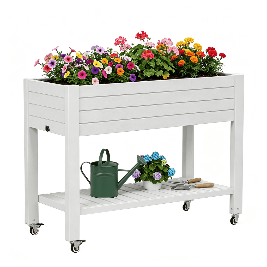 Raised Garden Bed with Wheels & Storage Shelf