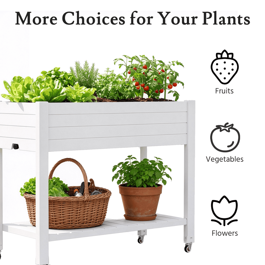 Raised Garden Bed with Wheels & Storage Shelf