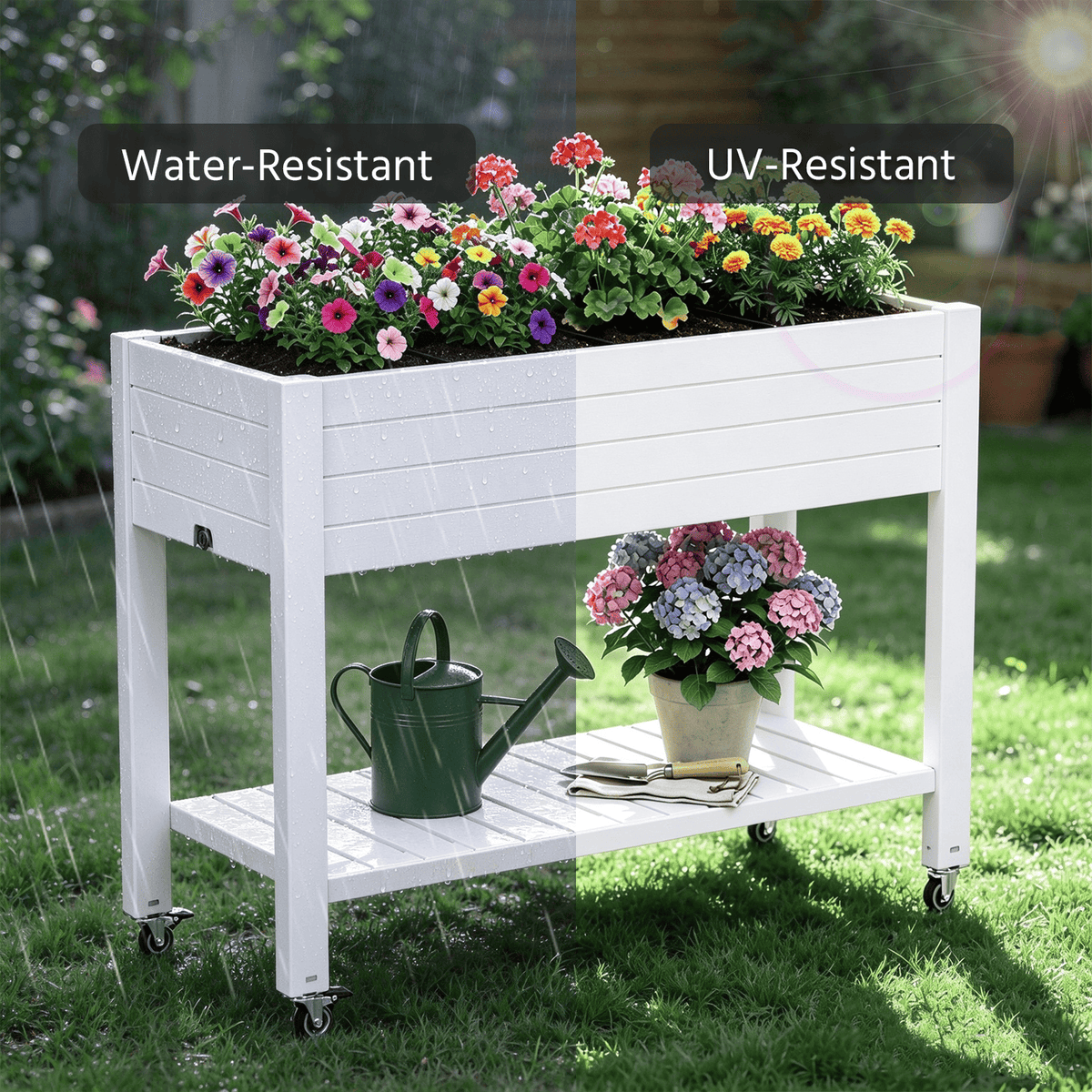 Raised Garden Bed with Wheels & Storage Shelf