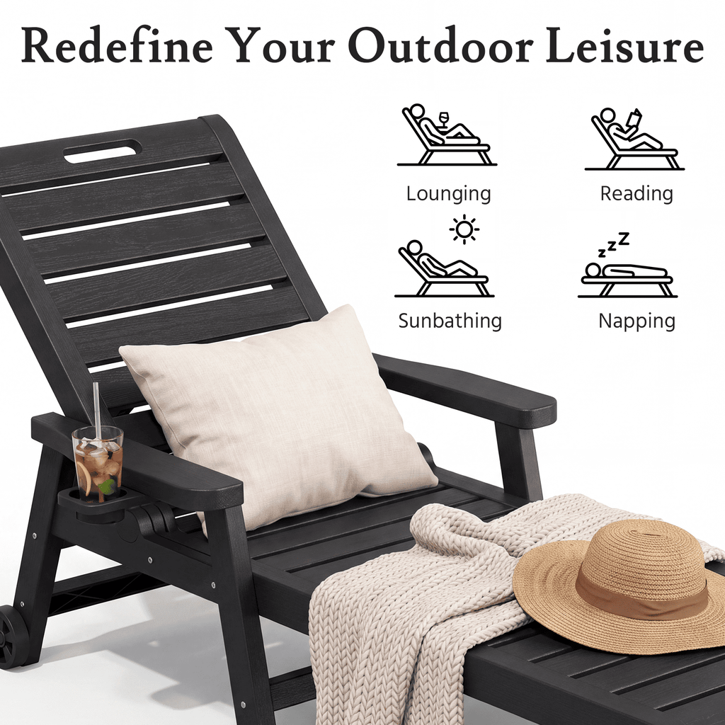 2-Pack HDPE Outdoor Chaise Lounge Chairs with Wheels